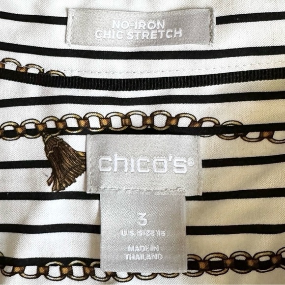 Chico’s No Iron Blouse Size XL White Chain Tassel Stripe Print Popover Top - Picture 9 of 10